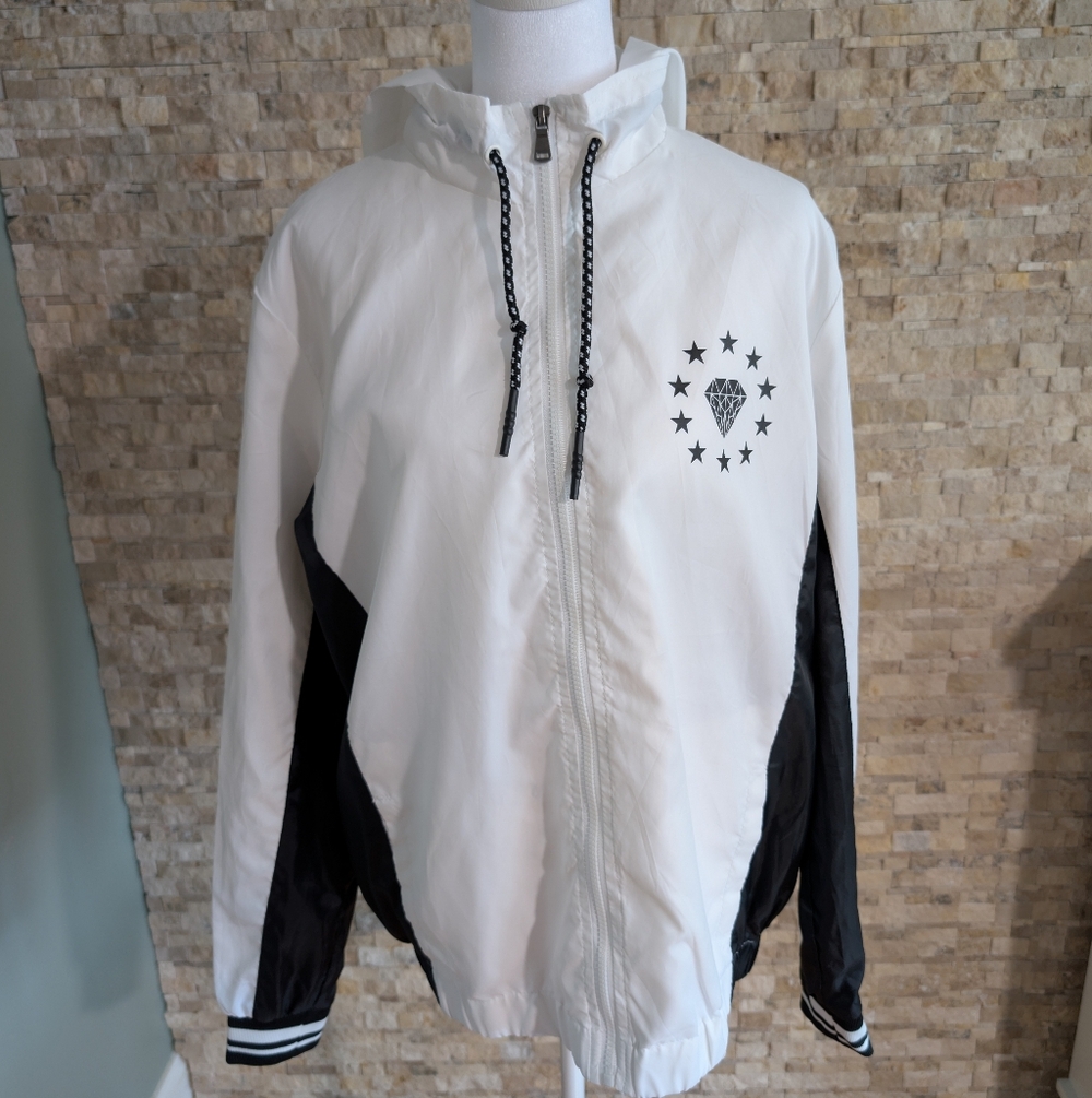 Streetwear Diamond Star Graphic Black White Hooded Windbreaker Jacket Sz S